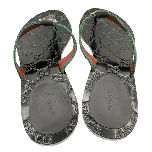 Gucci Interlocking GG Thong Sandal Black Leather Flat Flip Flop Slide EU 39 US 9 - Picture 9 of 14